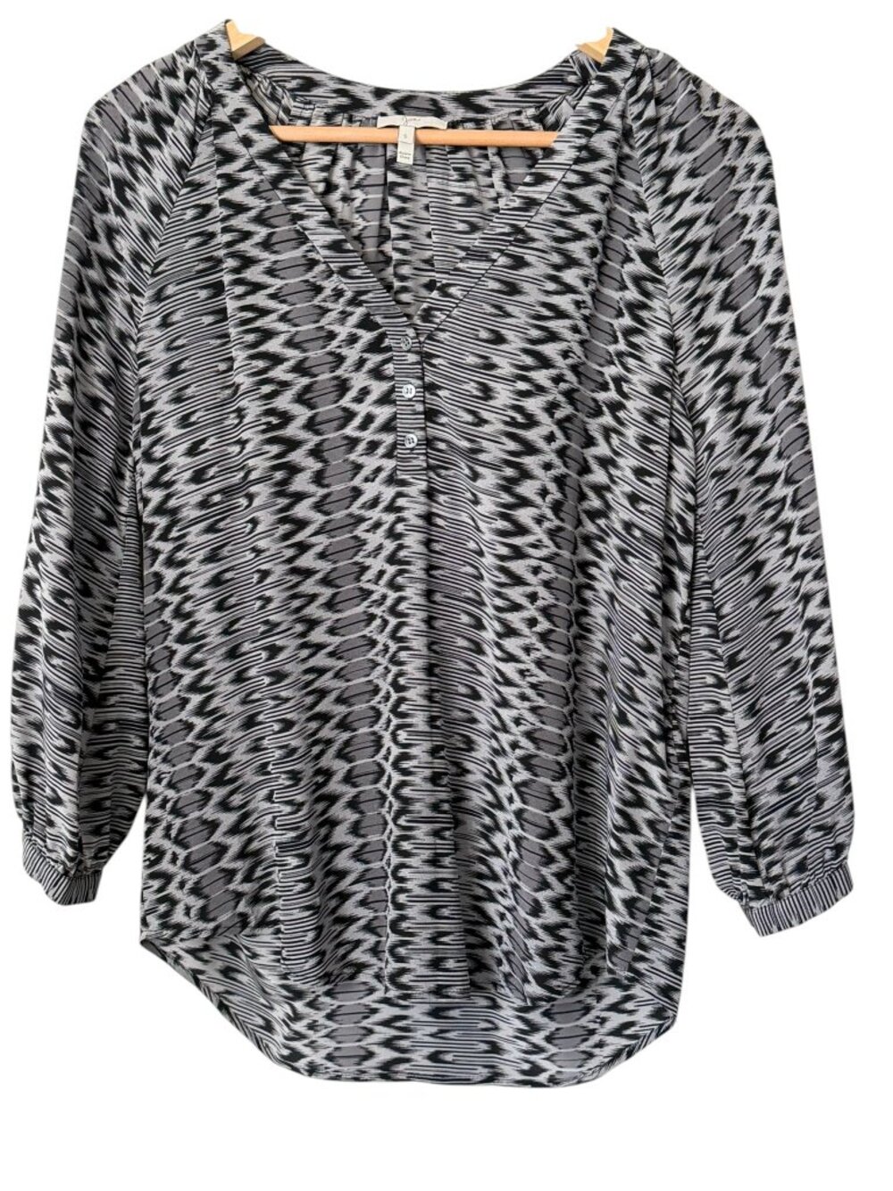 Joie 100% Silk Popover V-Neck Faux Henley Zig-Zag Chevron Geometric Print Size S